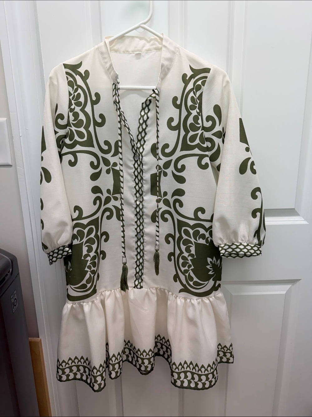 Fall Women’s Ivory Tunic Dress with Olive Green Print